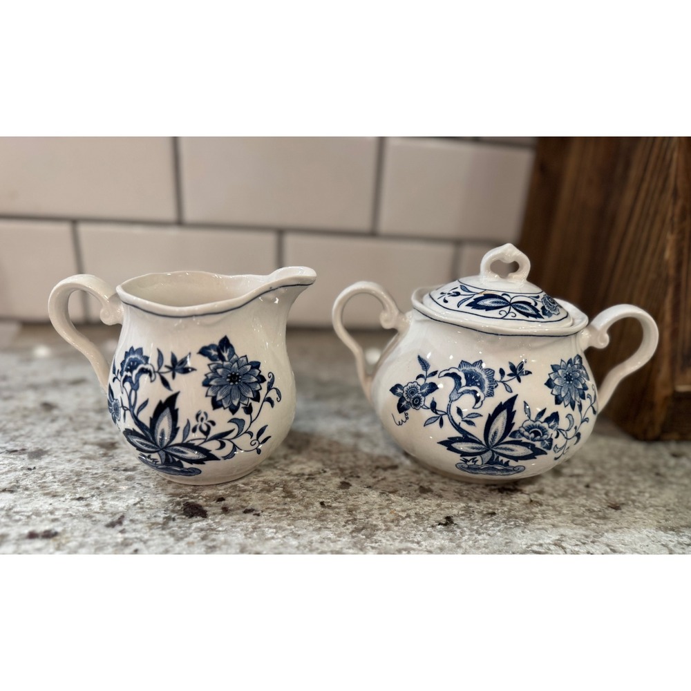 Blue and White Floral Ceramic Creamer and Sugar Bowl Set with Lid